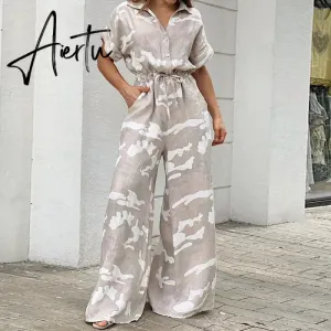 Summer Women Camouflage Print Playsuit Fashion Ladies Wide Leg Romper Overalls Casual Waisted Drawstring Lace-up Shirt Jumpsuits
