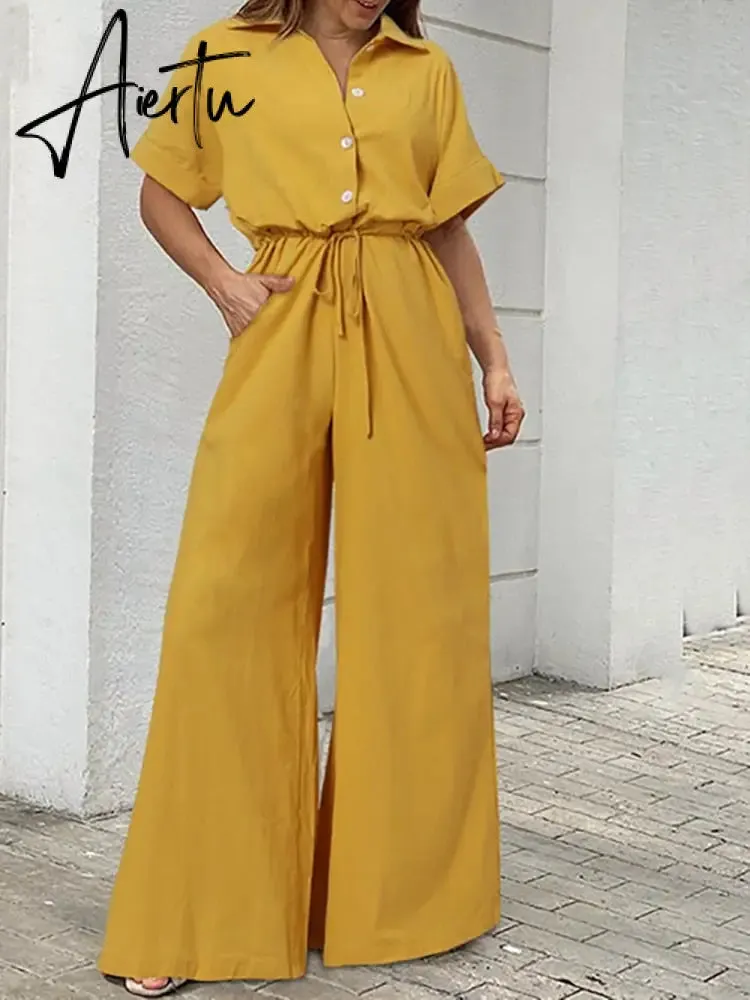 Summer Women Camouflage Print Playsuit Fashion Ladies Wide Leg Romper Overalls Casual Waisted Drawstring Lace-up Shirt Jumpsuits
