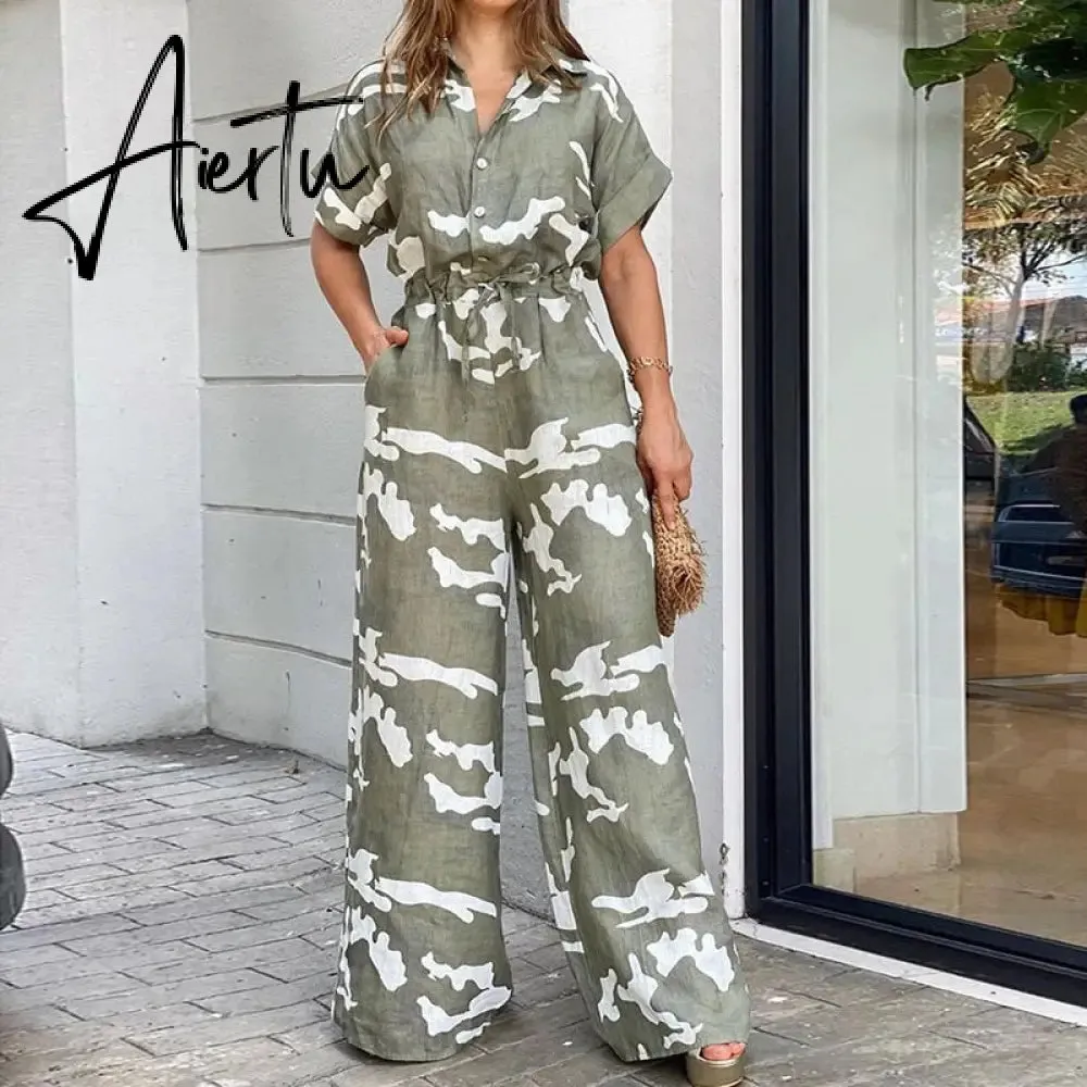 Summer Women Camouflage Print Playsuit Fashion Ladies Wide Leg Romper Overalls Casual Waisted Drawstring Lace-up Shirt Jumpsuits