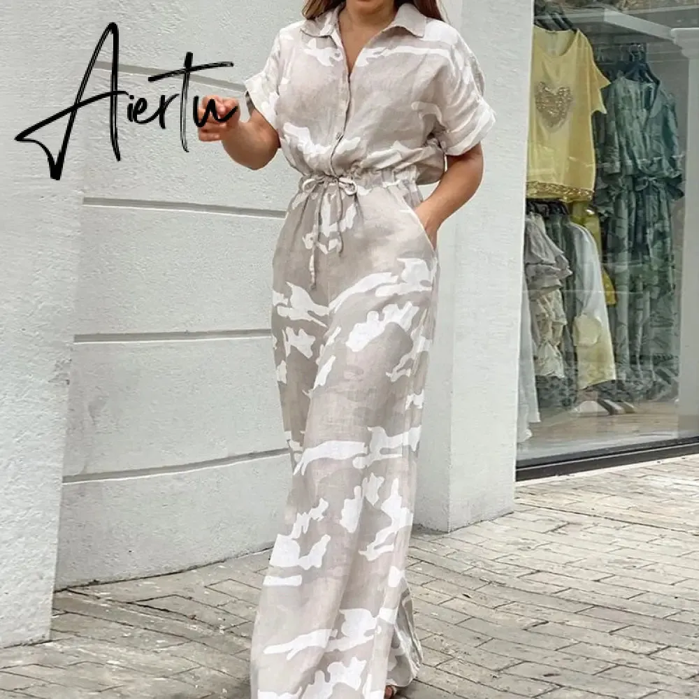 Summer Women Camouflage Print Playsuit Fashion Ladies Wide Leg Romper Overalls Casual Waisted Drawstring Lace-up Shirt Jumpsuits