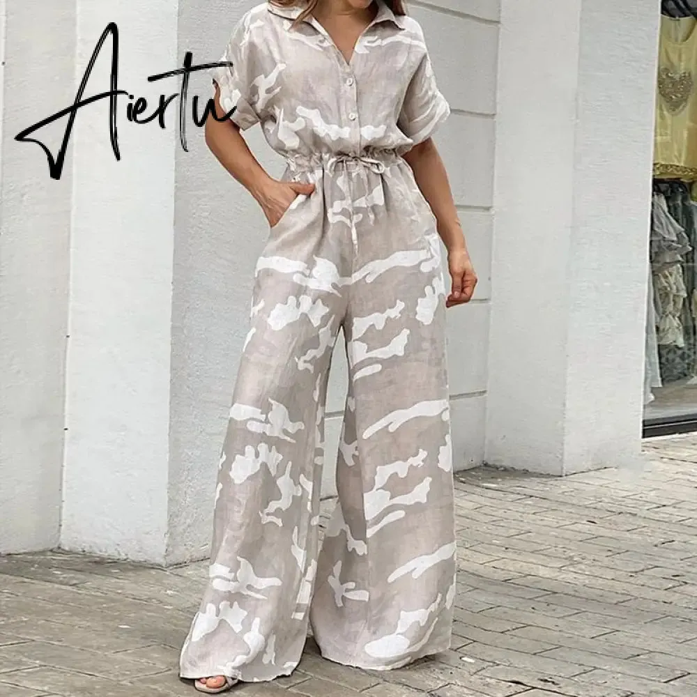 Summer Women Camouflage Print Playsuit Fashion Ladies Wide Leg Romper Overalls Casual Waisted Drawstring Lace-up Shirt Jumpsuits
