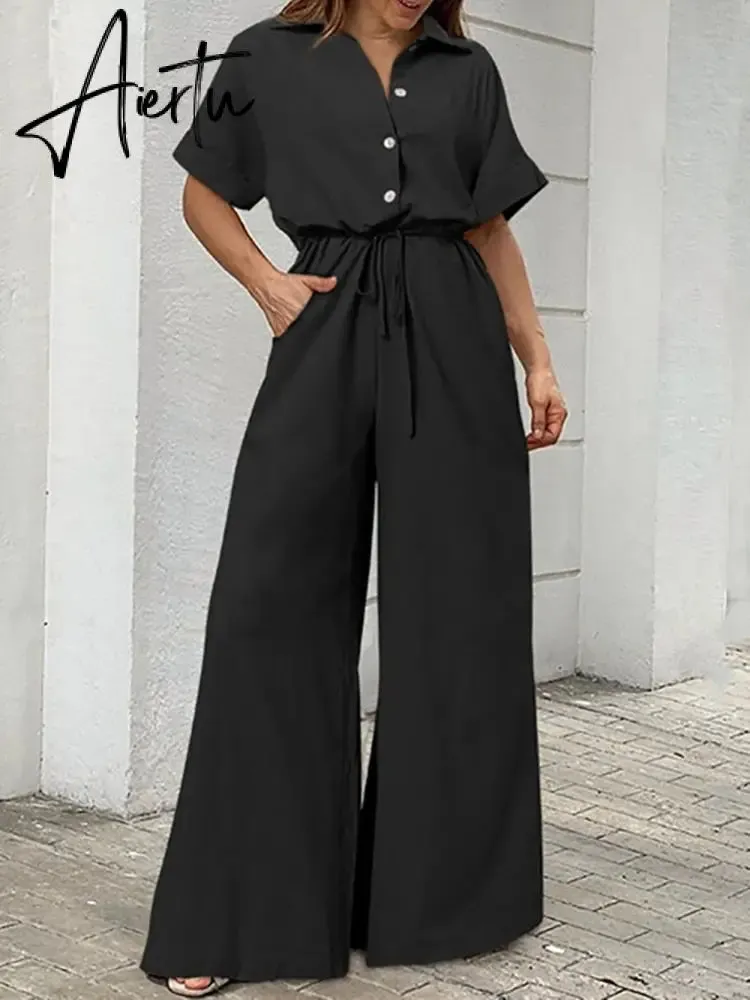 Summer Women Camouflage Print Playsuit Fashion Ladies Wide Leg Romper Overalls Casual Waisted Drawstring Lace-up Shirt Jumpsuits