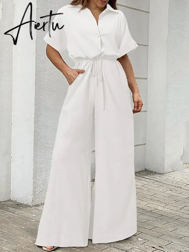Summer Women Camouflage Print Playsuit Fashion Ladies Wide Leg Romper Overalls Casual Waisted Drawstring Lace-up Shirt Jumpsuits