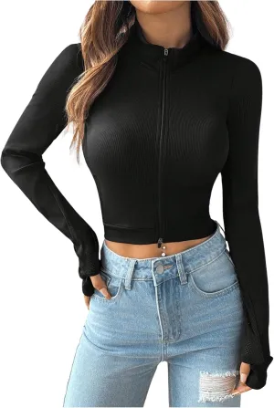 SweatyRocks Women's Full Zip Up Jackets Stand Collar Casual Long Sleeve Crop Jackets Tops