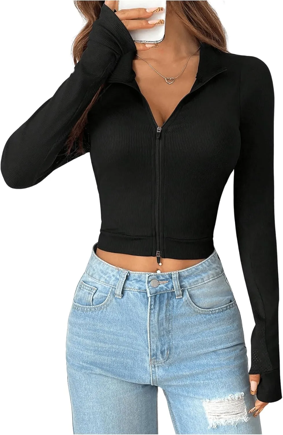 SweatyRocks Women's Full Zip Up Jackets Stand Collar Casual Long Sleeve Crop Jackets Tops