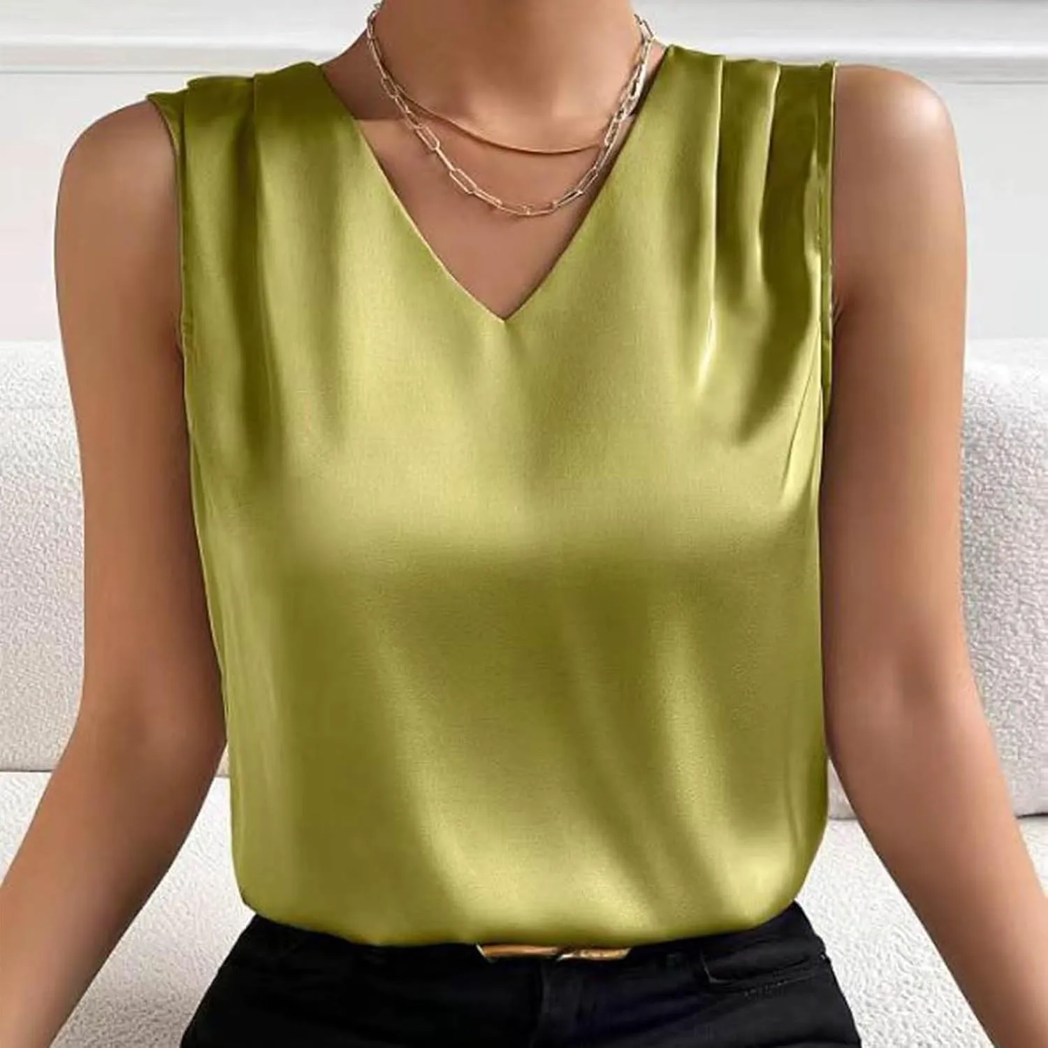 Trendy Casual Tank Top Women Summer Satin Tank Tops Sleeveless V Neck Blouses Plus Size Vest Shirts Party Clubwear