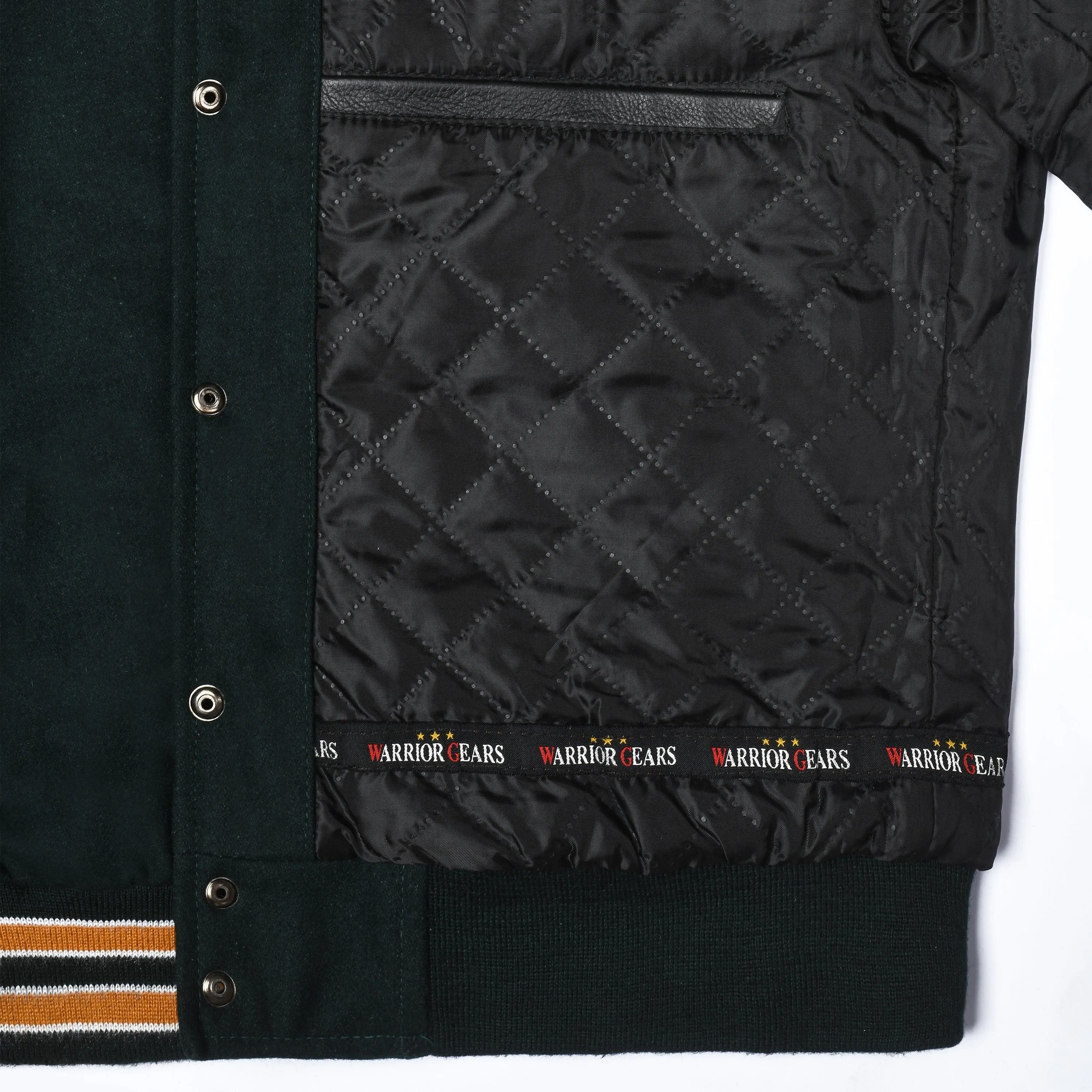 Warrior Gears Classic Hybrid Varsity Jacket University Letterman Bomber Jacket, Pure Wool & Original Cowhide Leather Jacket, Forest Green Pure Wool Body & Tan Real Leather Sleeves