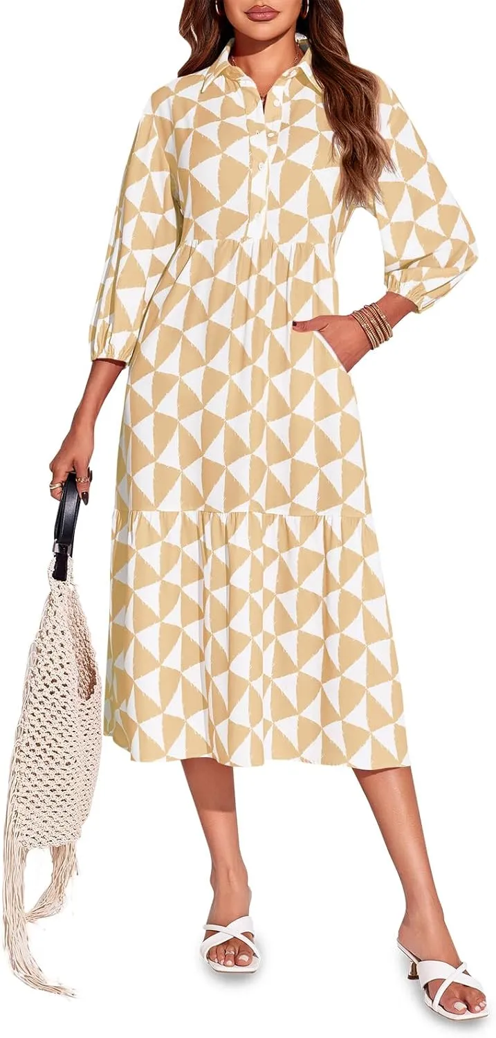 Wenrine Womens Boho Midi Dress Long Sleeve Casual Color Block Beach Button Down Shirt Dress