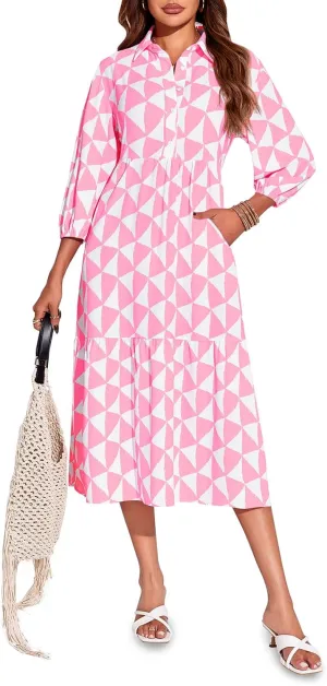 Wenrine Womens Boho Midi Dress Long Sleeve Casual Color Block Beach Button Down Shirt Dress