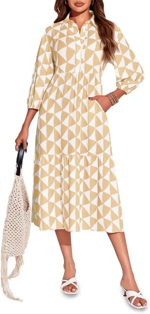 Wenrine Womens Boho Midi Dress Long Sleeve Casual Color Block Beach Button Down Shirt Dress