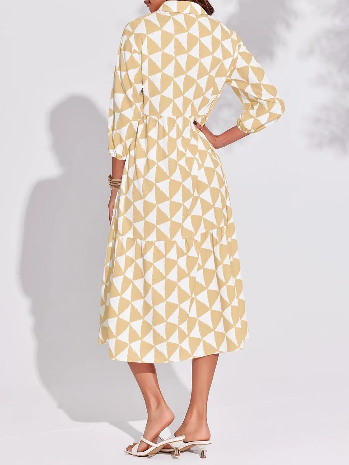 Wenrine Womens Boho Midi Dress Long Sleeve Casual Color Block Beach Button Down Shirt Dress