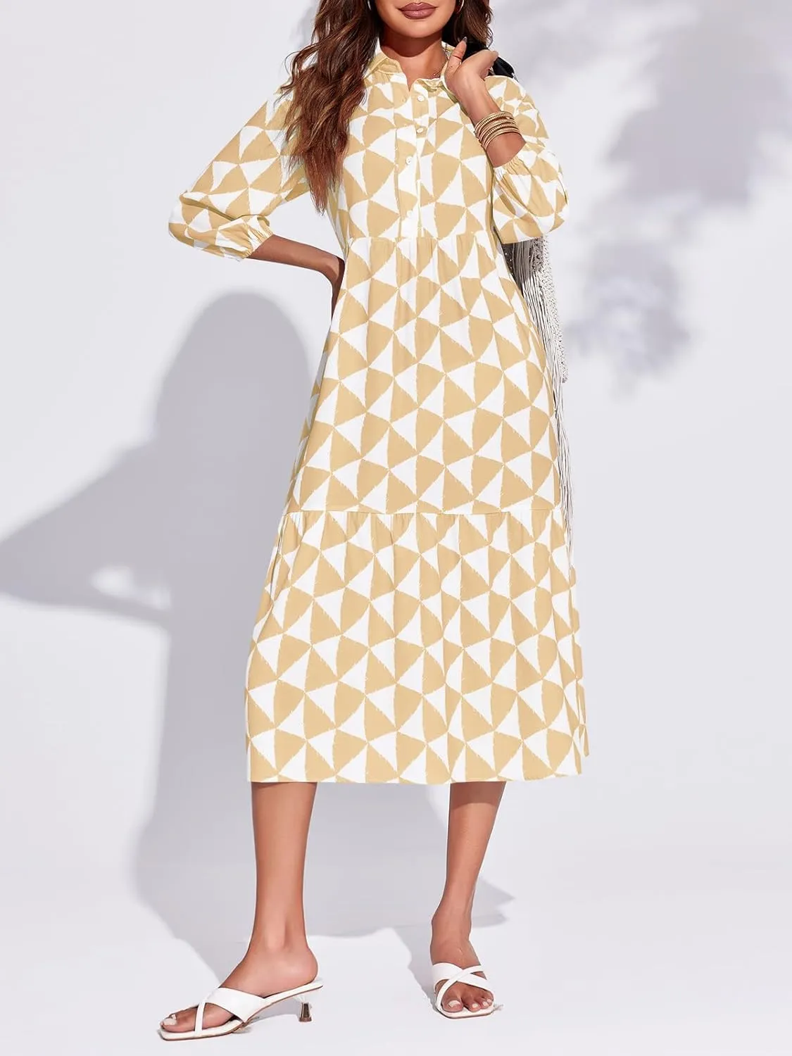 Wenrine Womens Boho Midi Dress Long Sleeve Casual Color Block Beach Button Down Shirt Dress