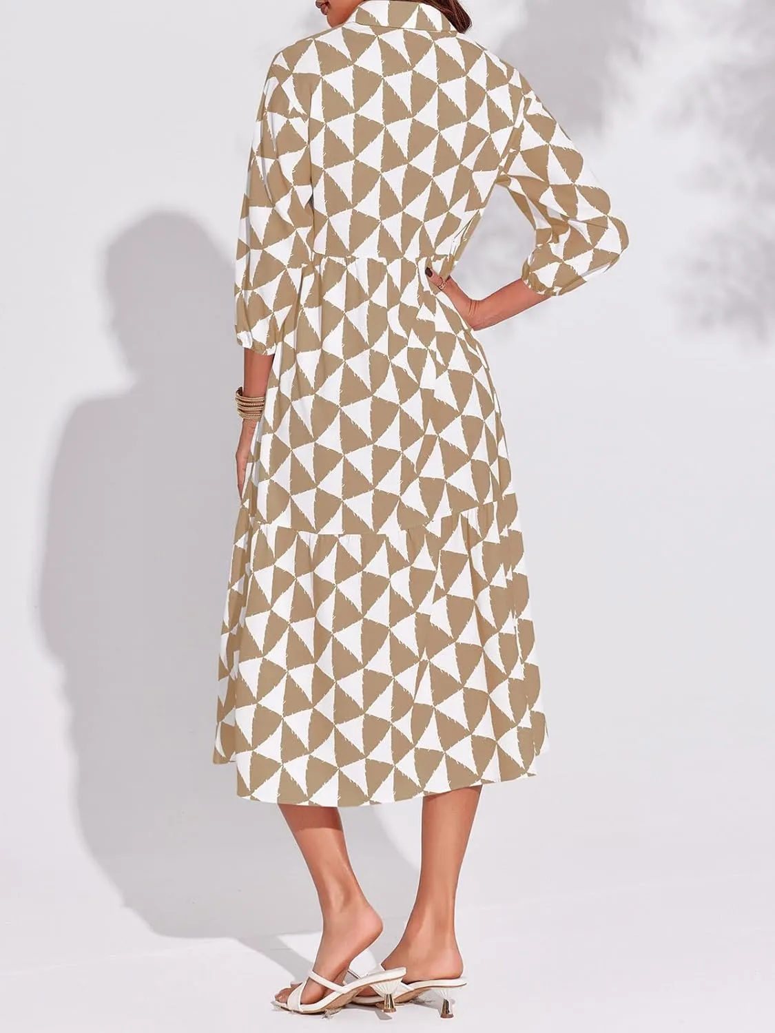 Wenrine Womens Boho Midi Dress Long Sleeve Casual Color Block Beach Button Down Shirt Dress