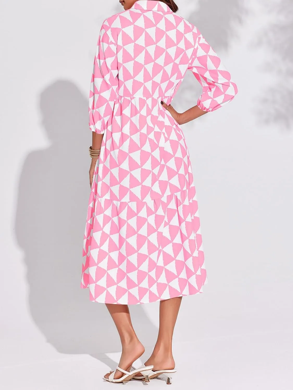 Wenrine Womens Boho Midi Dress Long Sleeve Casual Color Block Beach Button Down Shirt Dress