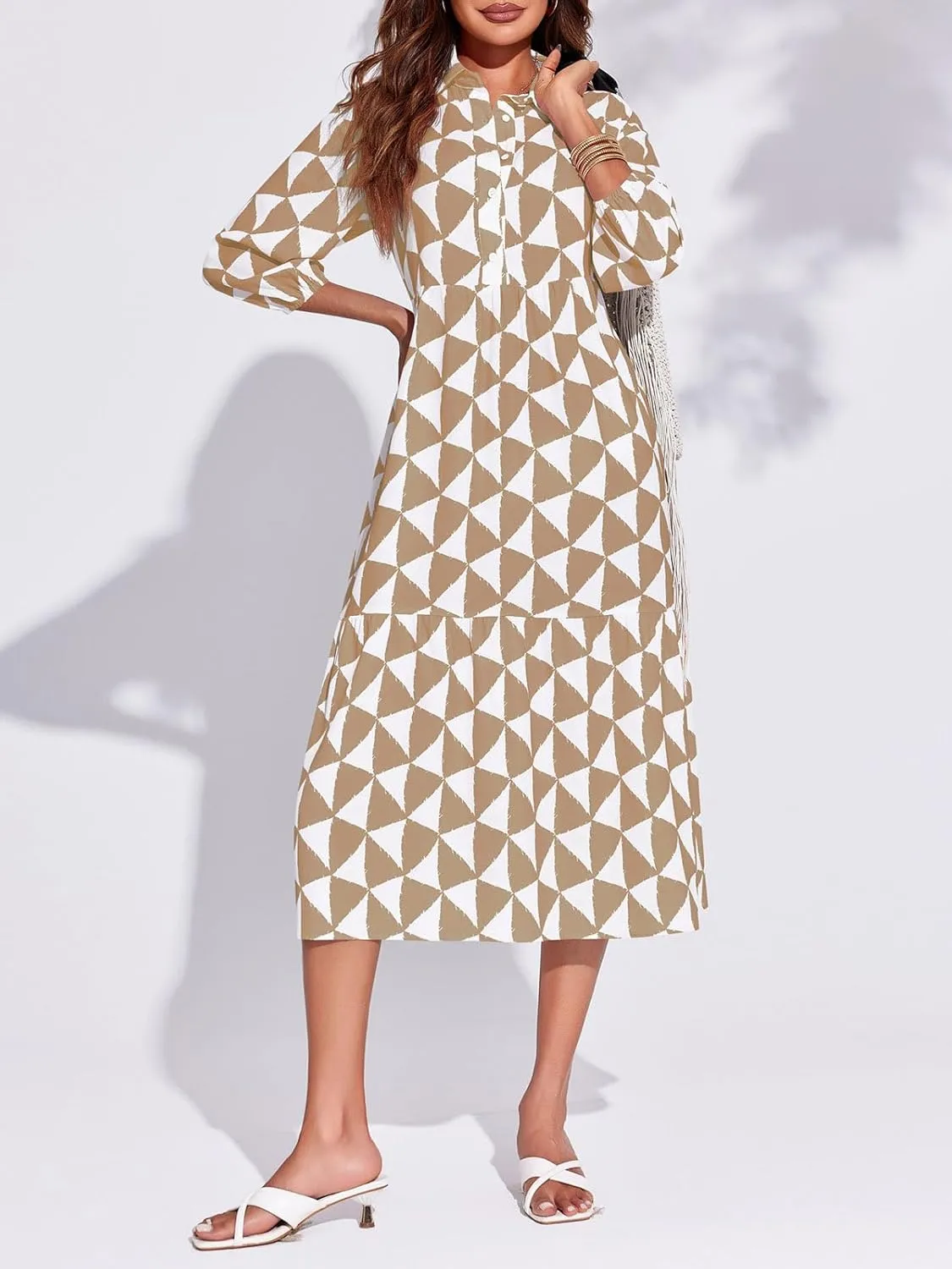Wenrine Womens Boho Midi Dress Long Sleeve Casual Color Block Beach Button Down Shirt Dress