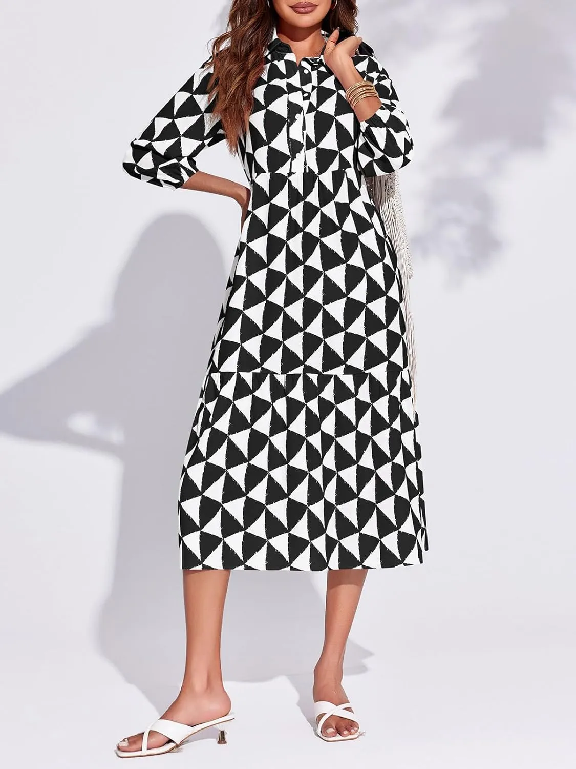Wenrine Womens Boho Midi Dress Long Sleeve Casual Color Block Beach Button Down Shirt Dress