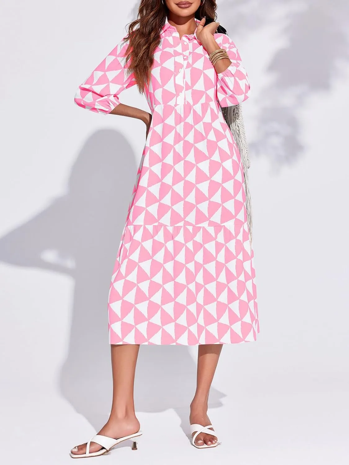 Wenrine Womens Boho Midi Dress Long Sleeve Casual Color Block Beach Button Down Shirt Dress