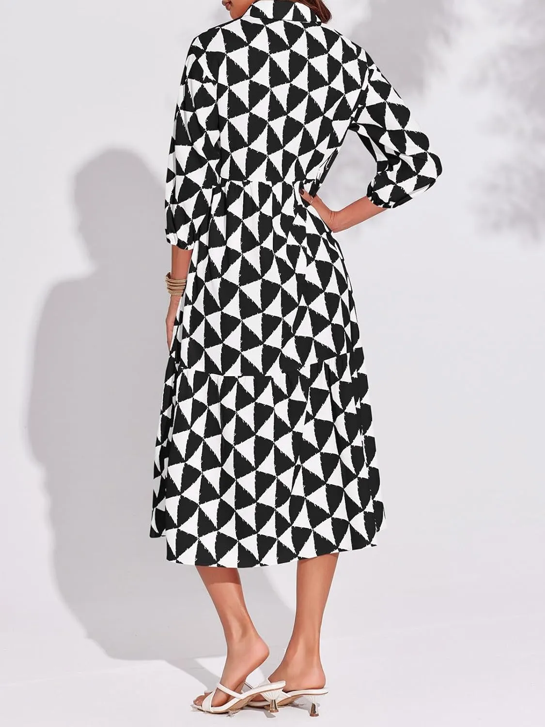 Wenrine Womens Boho Midi Dress Long Sleeve Casual Color Block Beach Button Down Shirt Dress