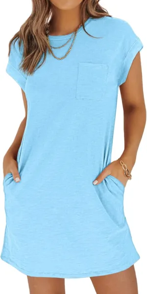 Wenrine Women's Summer T Shirt Dress Casual Short Sleeve Crewneck Loose Fit Mini Dresses with Pockets