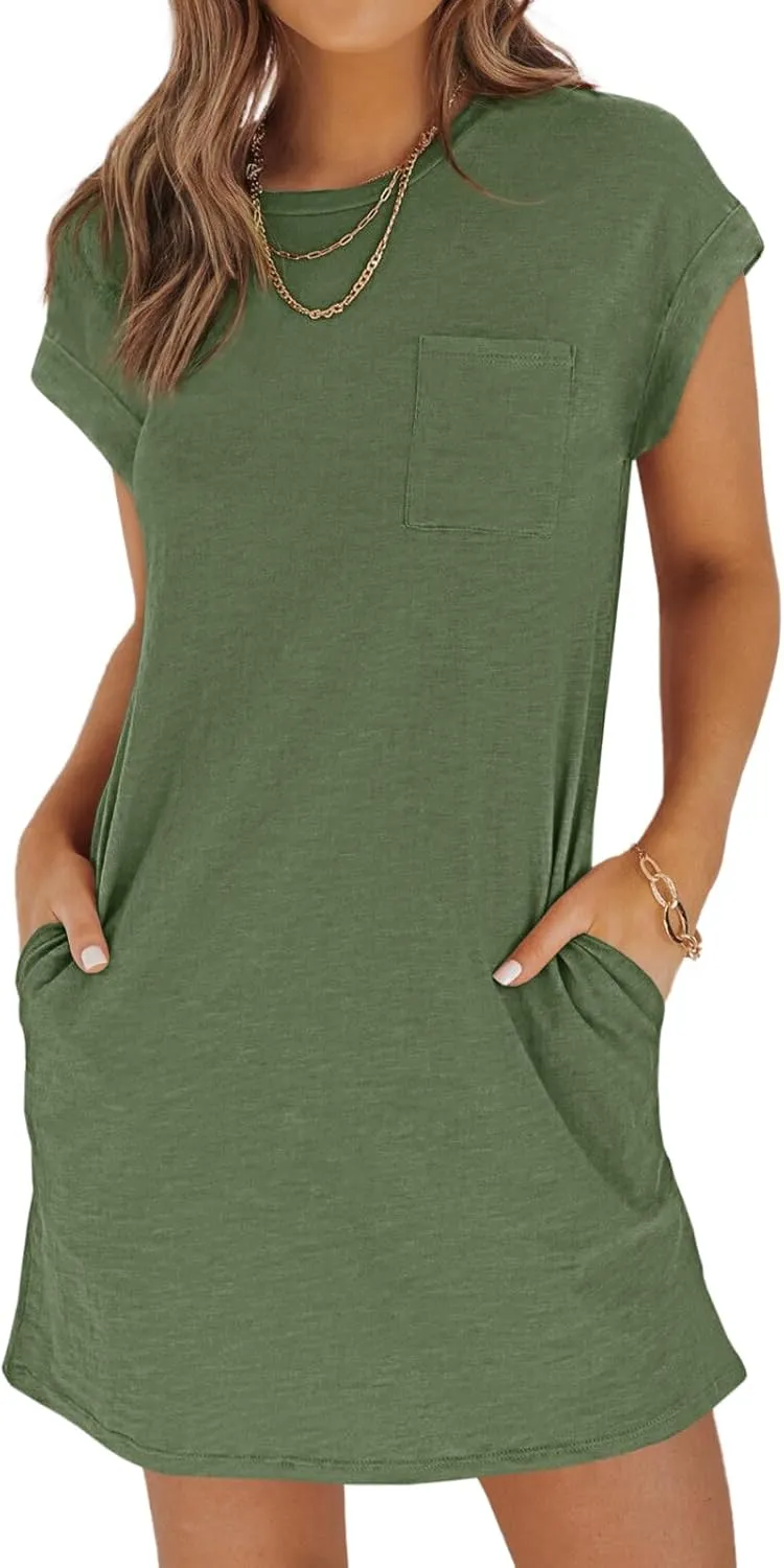 Wenrine Women's Summer T Shirt Dress Casual Short Sleeve Crewneck Loose Fit Mini Dresses with Pockets