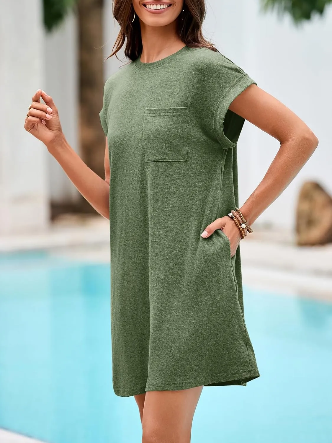Wenrine Women's Summer T Shirt Dress Casual Short Sleeve Crewneck Loose Fit Mini Dresses with Pockets