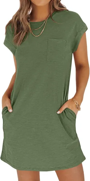 Wenrine Women's Summer T Shirt Dress Casual Short Sleeve Crewneck Loose Fit Mini Dresses with Pockets