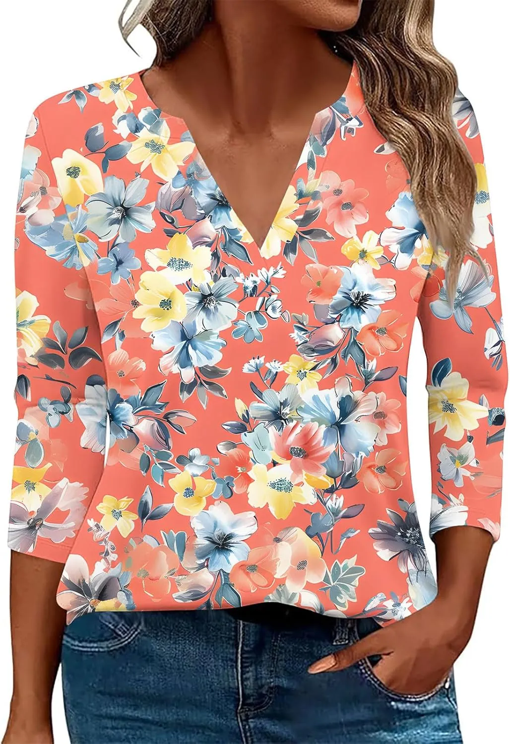 Women 3/4 Sleeve Floral Tops Dressy Casual Summer Blouses T Shirts V Neck Trendy Blouse Tunic Loose Fit Boho Clothing