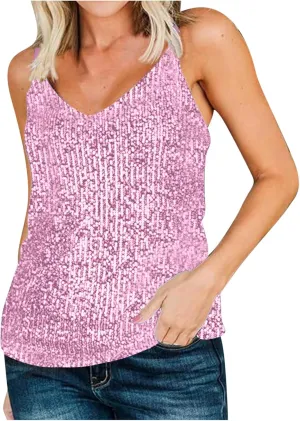 Women Sexy Sequin Tank Tops Spring Summer Fashion Sparkly Sleeveless Shirts Party Glitter Scoop Neck Tops Going Out