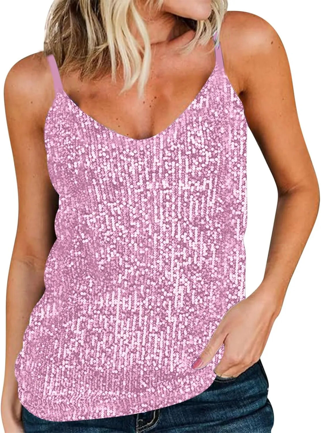 Women Sexy Sequin Tank Tops Spring Summer Fashion Sparkly Sleeveless Shirts Party Glitter Scoop Neck Tops Going Out