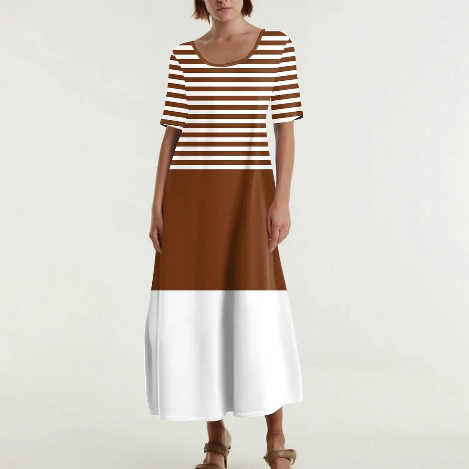 Women's 2025 Summer Casual Maxi Dress Beach Vacation Short Sleeve Crewneck Basic Long T Shirt Elegant Dresses