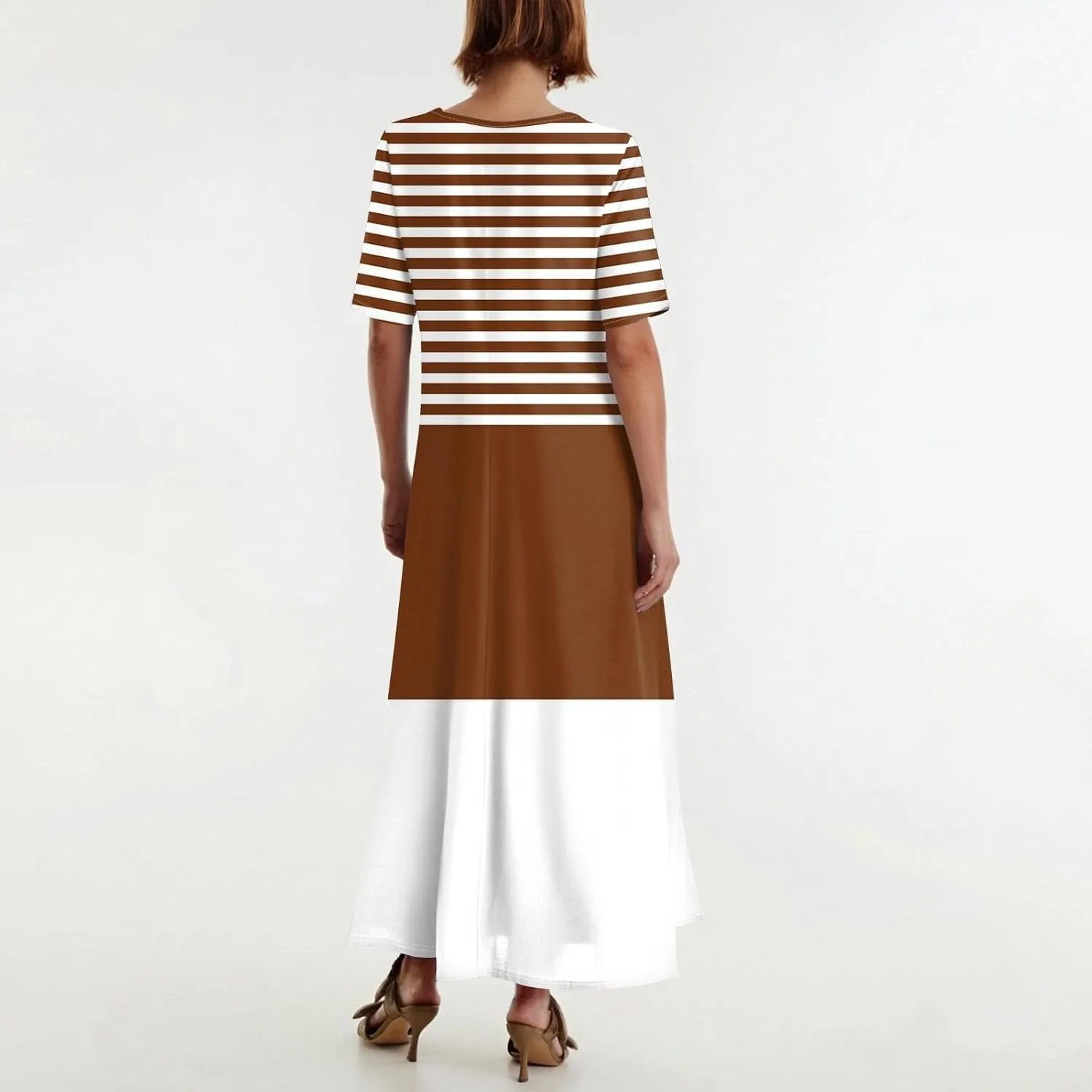 Women's 2025 Summer Casual Maxi Dress Beach Vacation Short Sleeve Crewneck Basic Long T Shirt Elegant Dresses