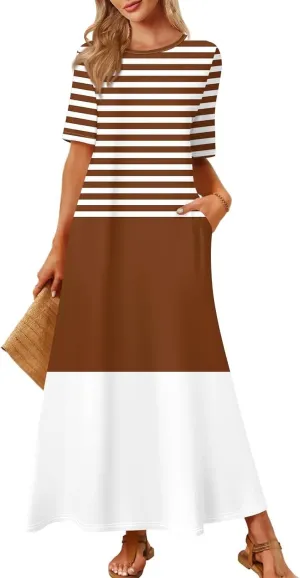 Women's 2025 Summer Casual Maxi Dress Beach Vacation Short Sleeve Crewneck Basic Long T Shirt Elegant Dresses