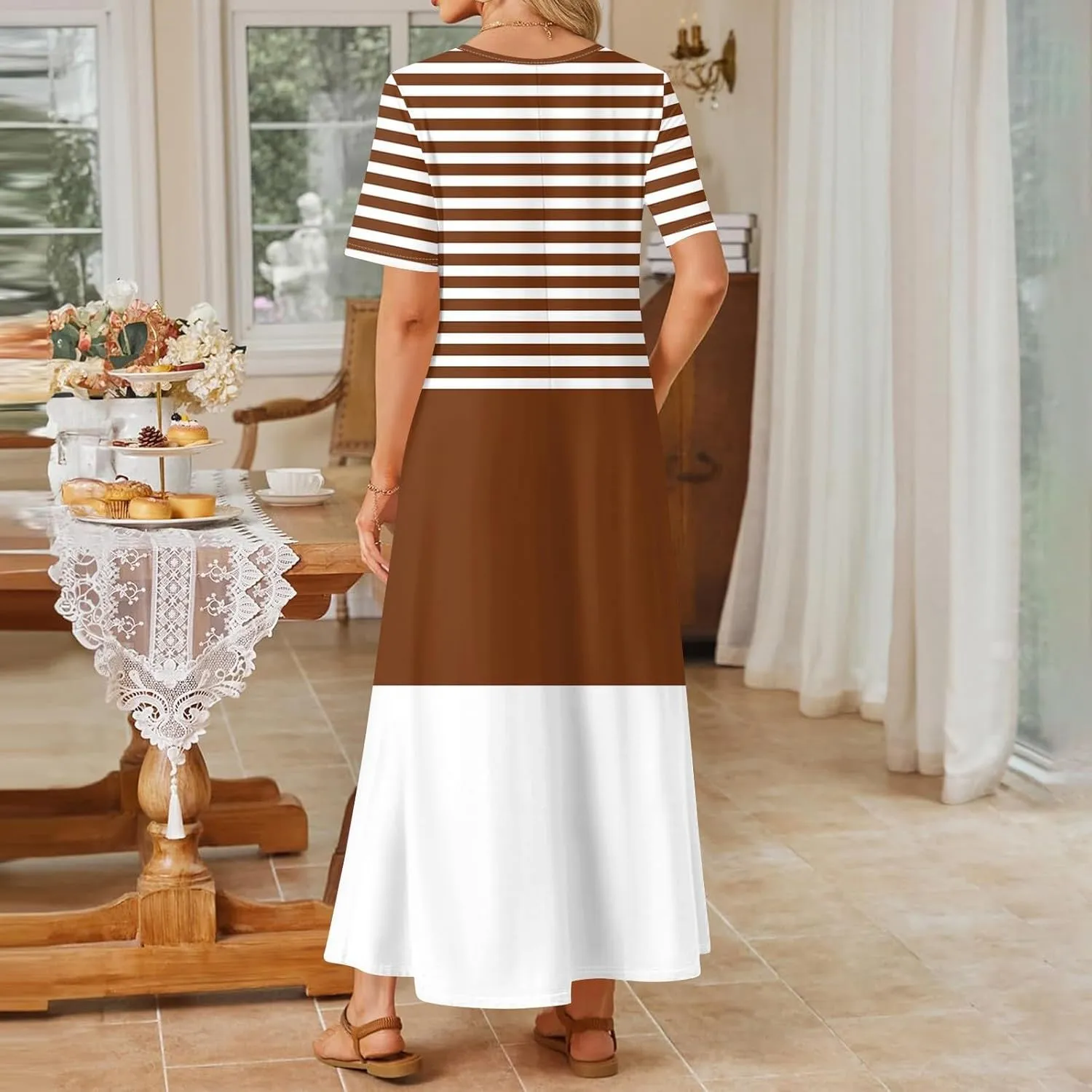 Women's 2025 Summer Casual Maxi Dress Beach Vacation Short Sleeve Crewneck Basic Long T Shirt Elegant Dresses