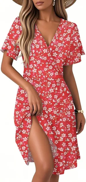 Women's Boho Floral Knee Length Summer Sundresses, V-Neck Short Sleeve High Waist Loose Fit Casual Beach Dress