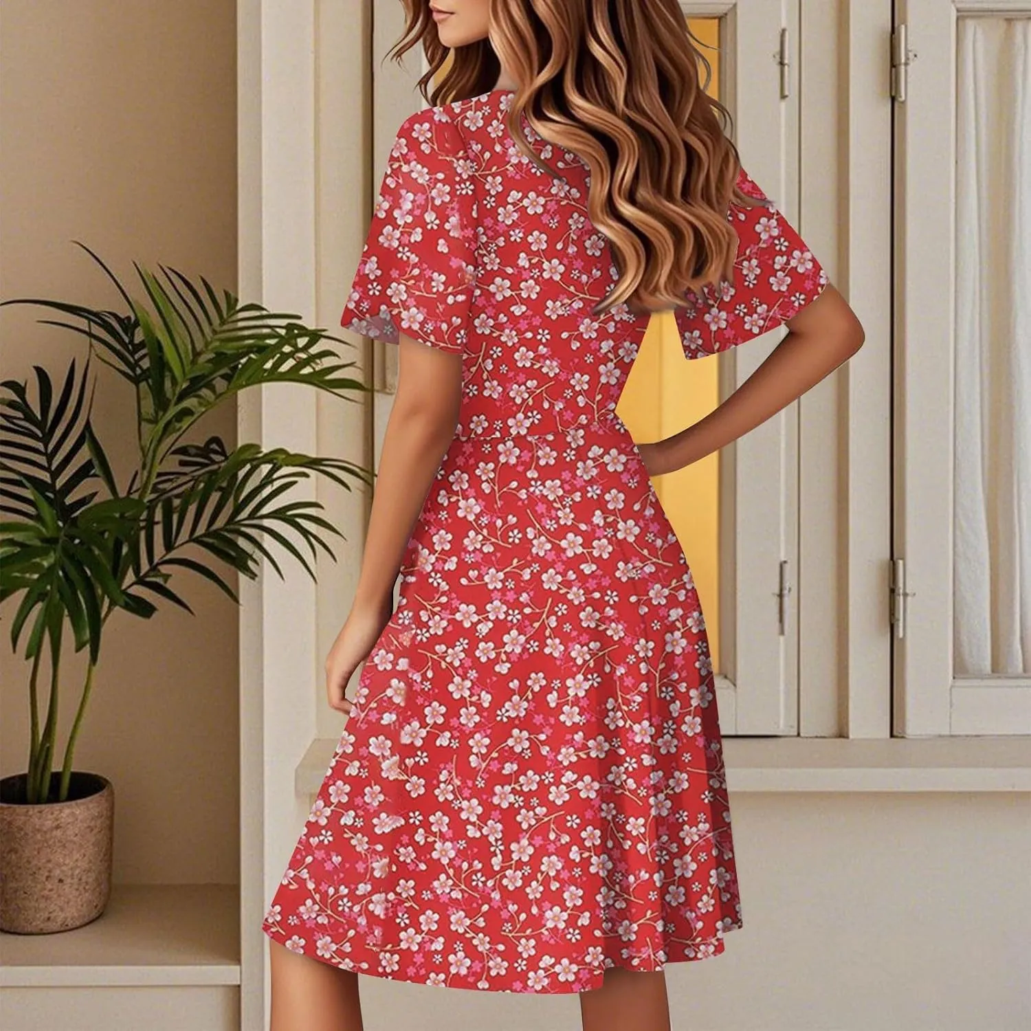Women's Boho Floral Knee Length Summer Sundresses, V-Neck Short Sleeve High Waist Loose Fit Casual Beach Dress
