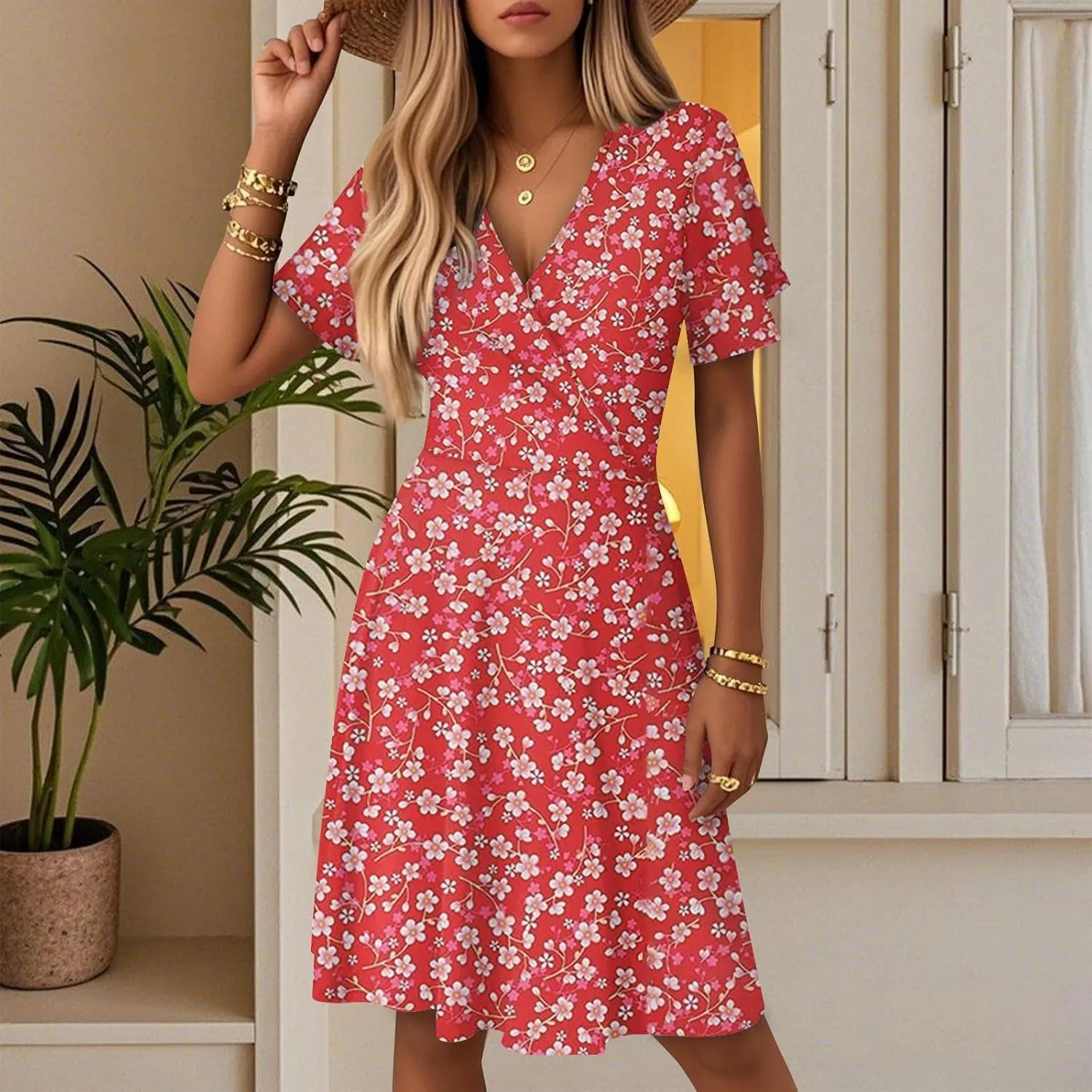 Women's Boho Floral Knee Length Summer Sundresses, V-Neck Short Sleeve High Waist Loose Fit Casual Beach Dress