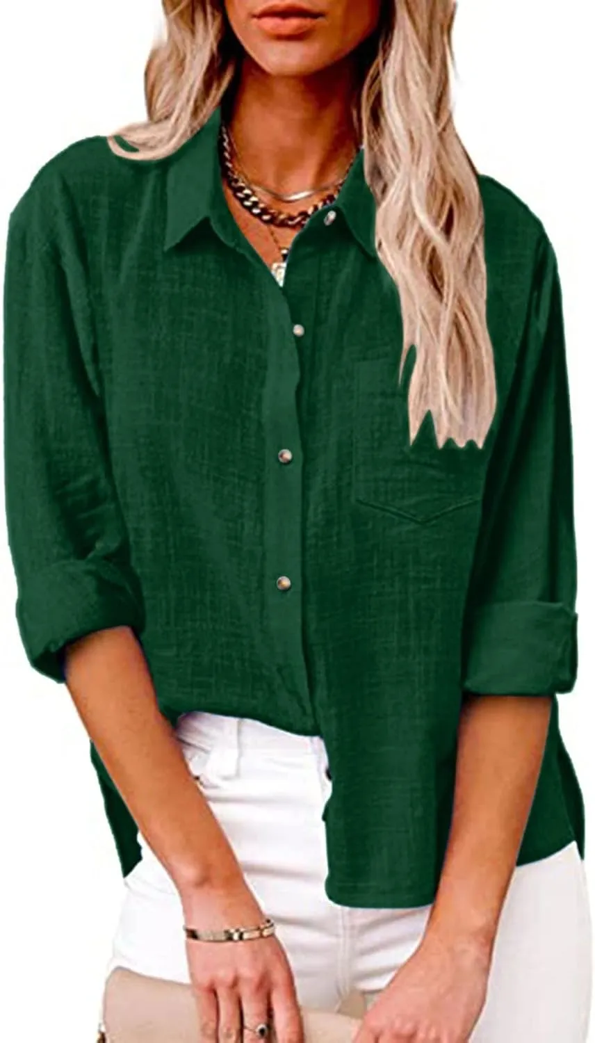 Womens Cotton Linen Button Down Tops 2025 Summer Casual Loose Long Sleeve Lightweight Solid Color Work T Shirts with Pockets