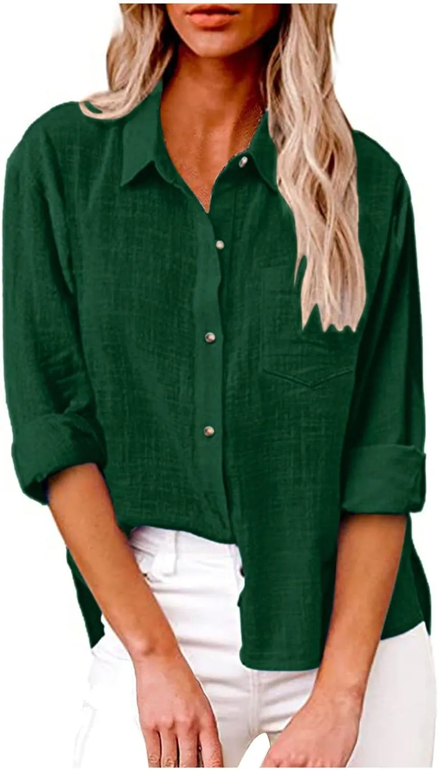Womens Cotton Linen Button Down Tops 2025 Summer Casual Loose Long Sleeve Lightweight Solid Color Work T Shirts with Pockets