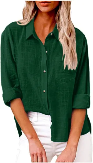 Womens Cotton Linen Button Down Tops 2025 Summer Casual Loose Long Sleeve Lightweight Solid Color Work T Shirts with Pockets