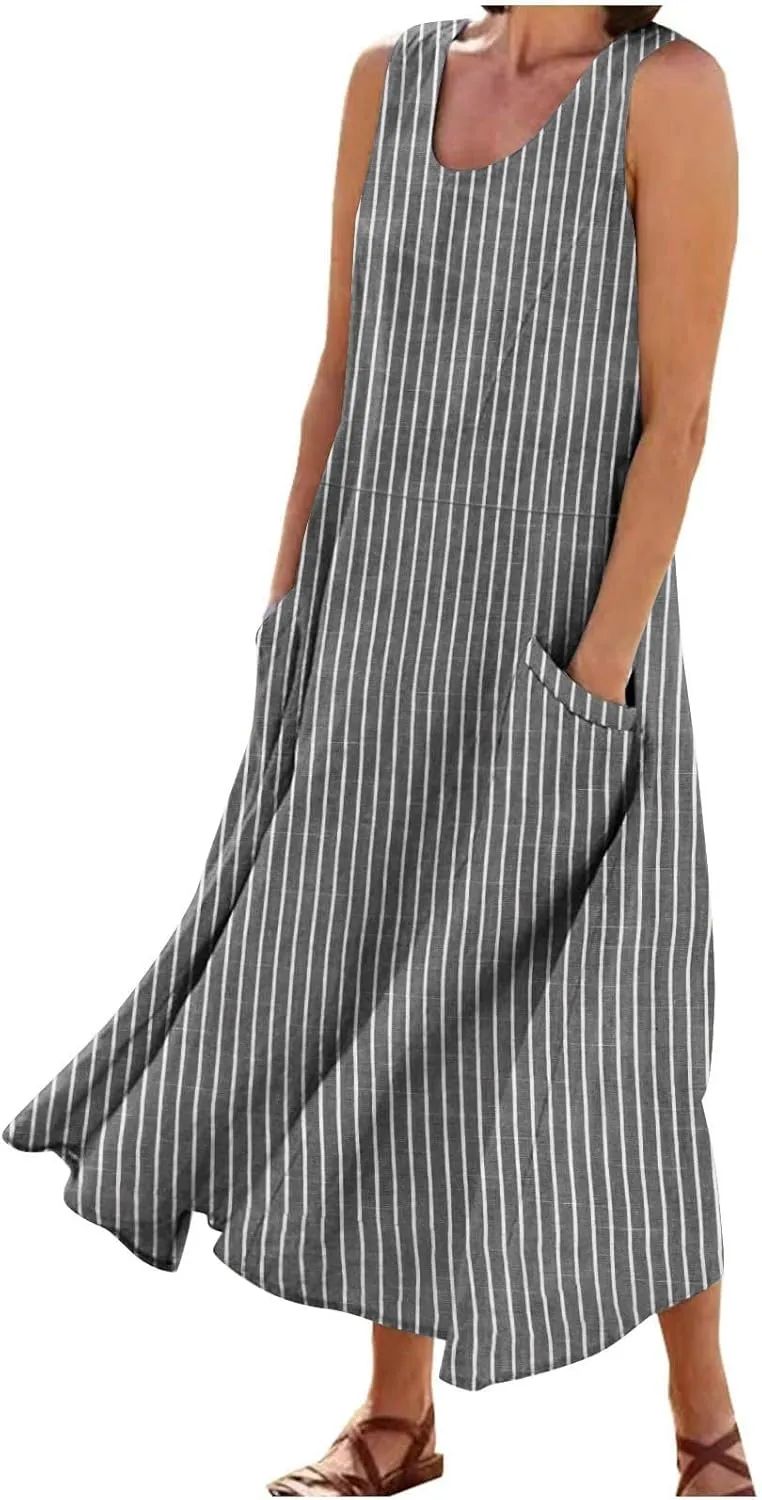 Women's Cotton Linen Dress 2025 Summer Sleeveless Maxi Dresses Plus Size Flowy Tank Sundress Beach Vacation Outfits