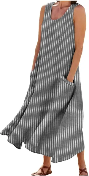 Women's Cotton Linen Dress 2025 Summer Sleeveless Maxi Dresses Plus Size Flowy Tank Sundress Beach Vacation Outfits