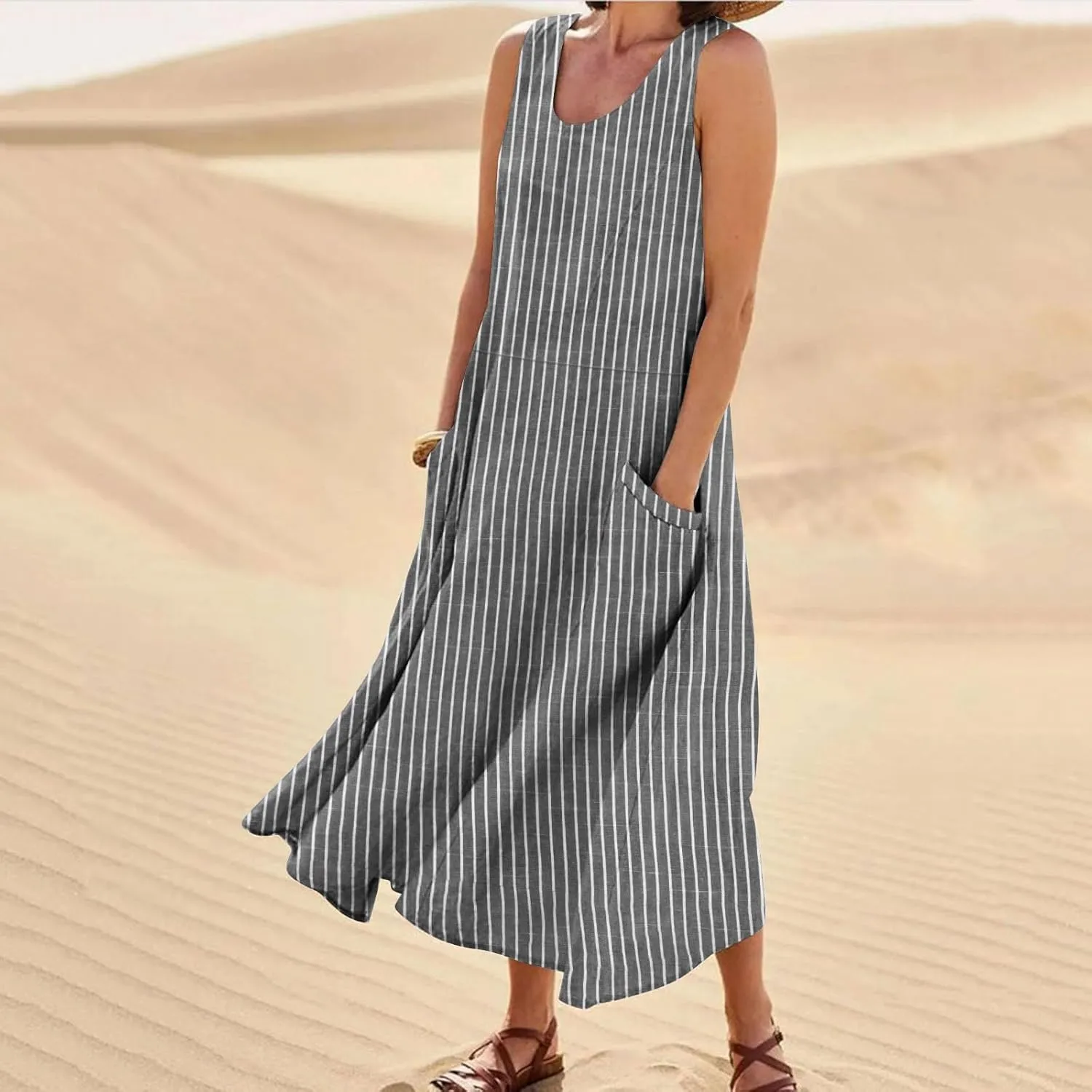 Women's Cotton Linen Dress 2025 Summer Sleeveless Maxi Dresses Plus Size Flowy Tank Sundress Beach Vacation Outfits