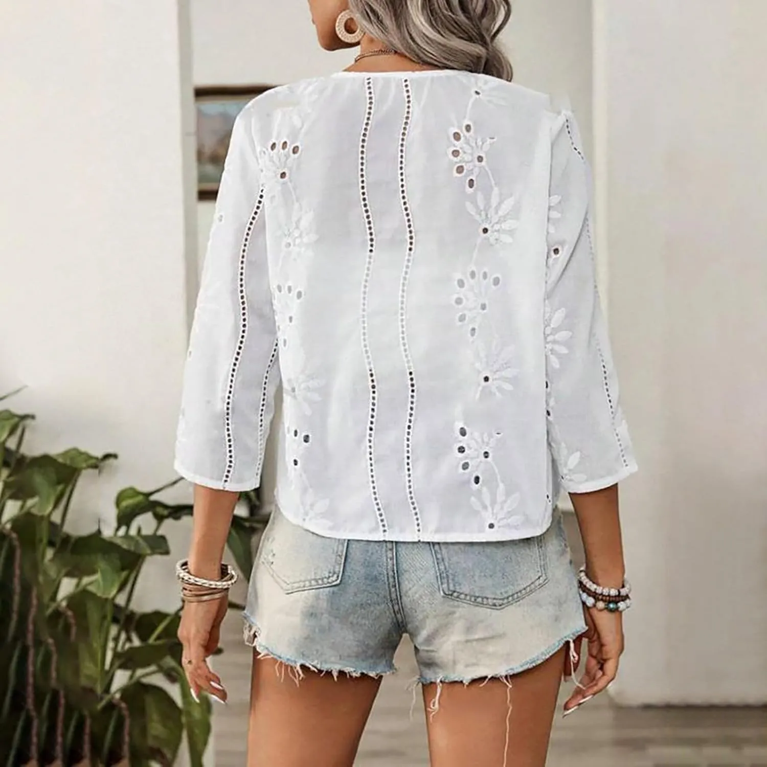Women's Eleyet Embroidered Shrug 3/4 Sleeve Shirt Blouse Tops Cotton Open Front Cropped Bolero Cardigan Outwear