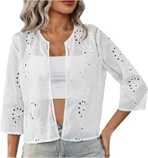Women's Eleyet Embroidered Shrug 3/4 Sleeve Shirt Blouse Tops Cotton Open Front Cropped Bolero Cardigan Outwear