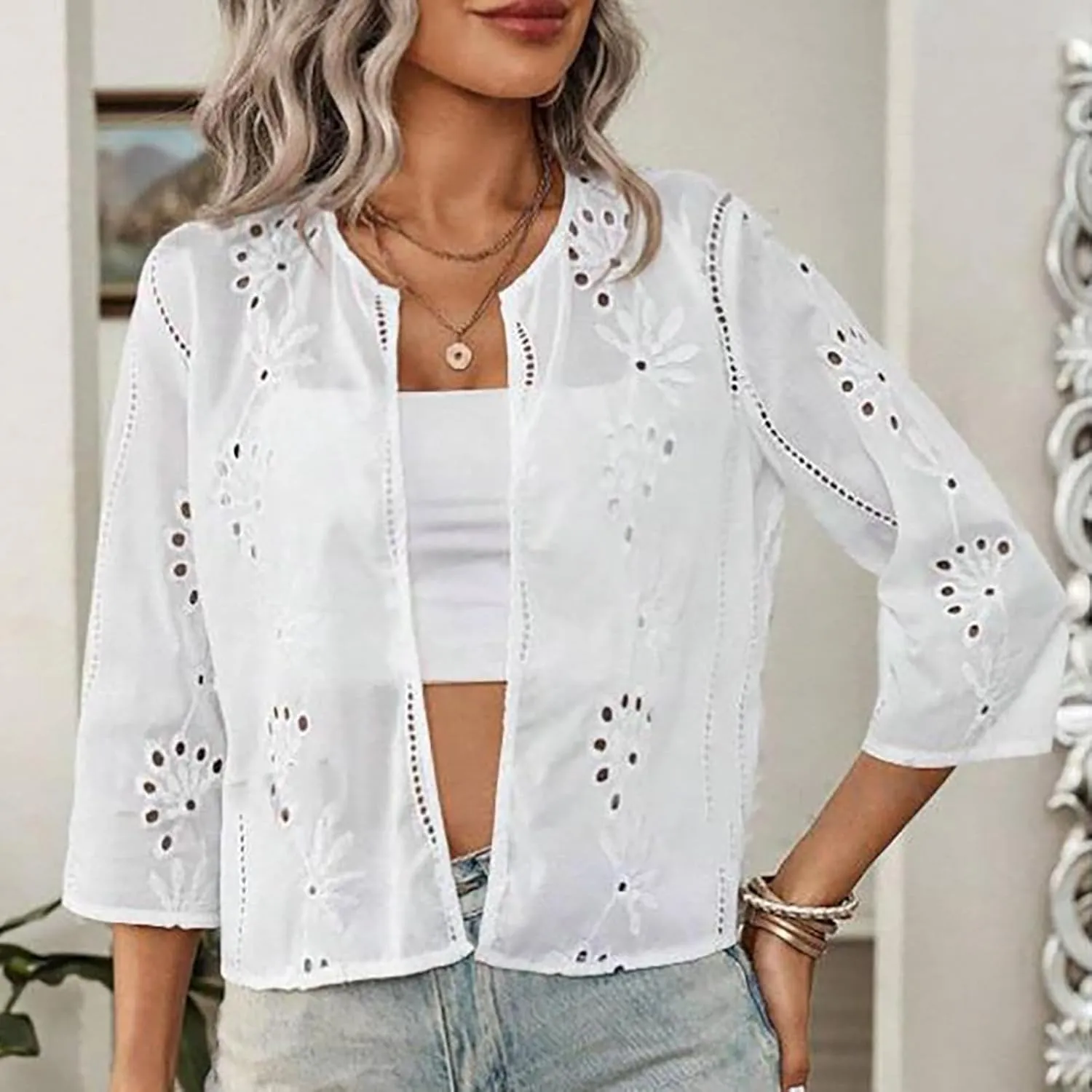 Women's Eleyet Embroidered Shrug 3/4 Sleeve Shirt Blouse Tops Cotton Open Front Cropped Bolero Cardigan Outwear