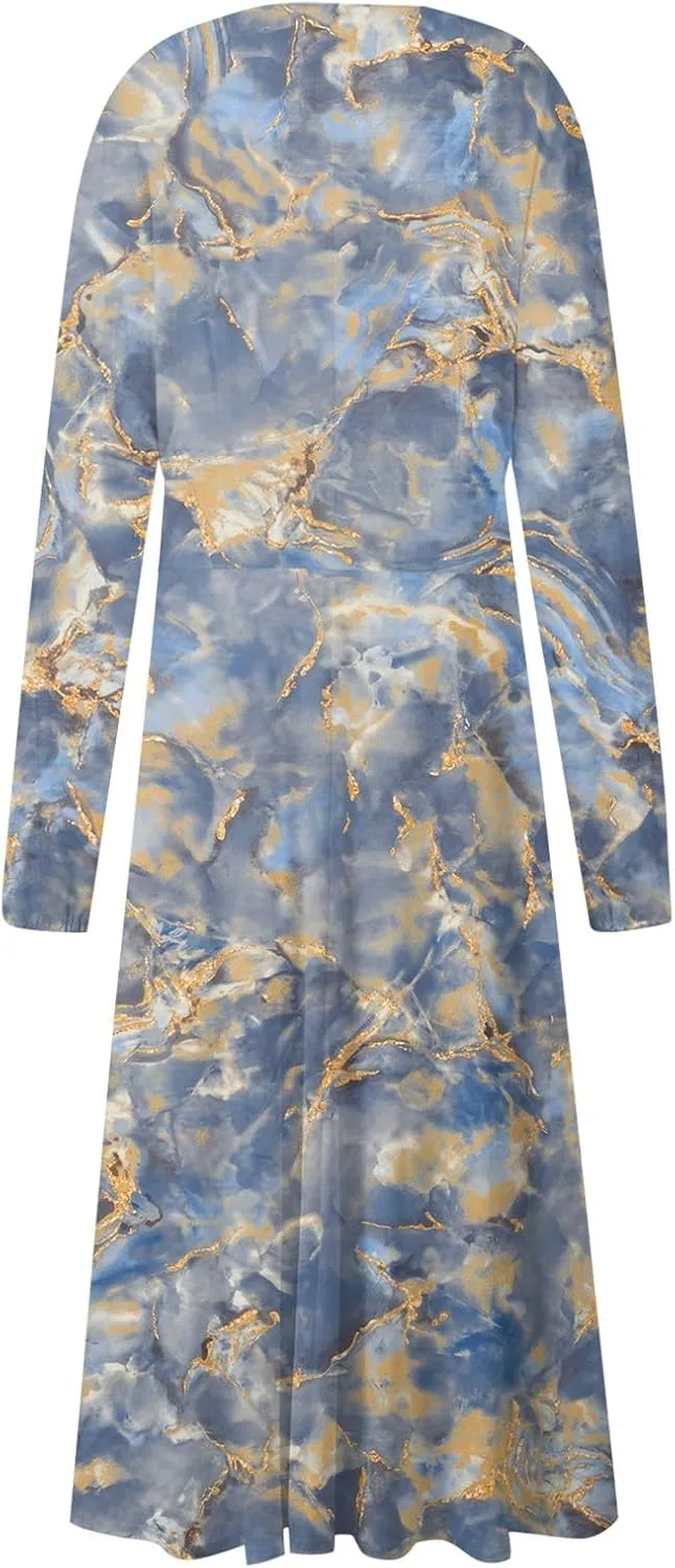 Womens Fall Dresses Long Sleeve V Neck Floral Print Wrap Maxi Dress Ruffle A-Line Flowy Long Dresses