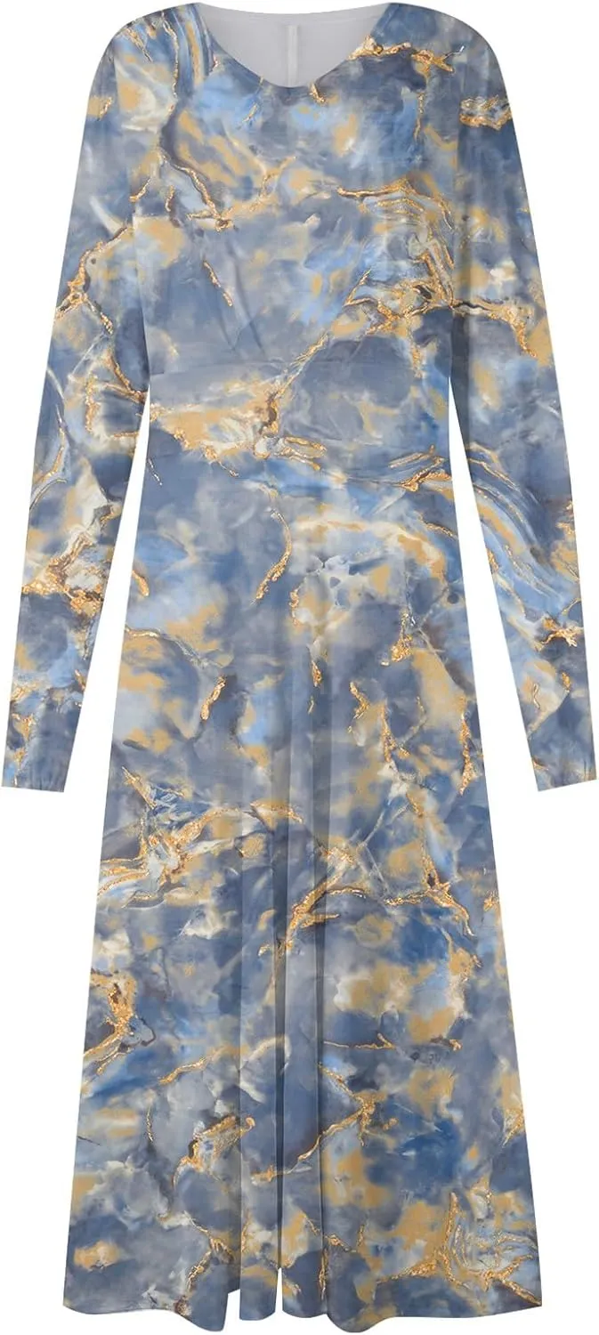 Womens Fall Dresses Long Sleeve V Neck Floral Print Wrap Maxi Dress Ruffle A-Line Flowy Long Dresses