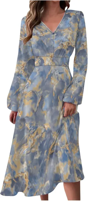 Womens Fall Dresses Long Sleeve V Neck Floral Print Wrap Maxi Dress Ruffle A-Line Flowy Long Dresses