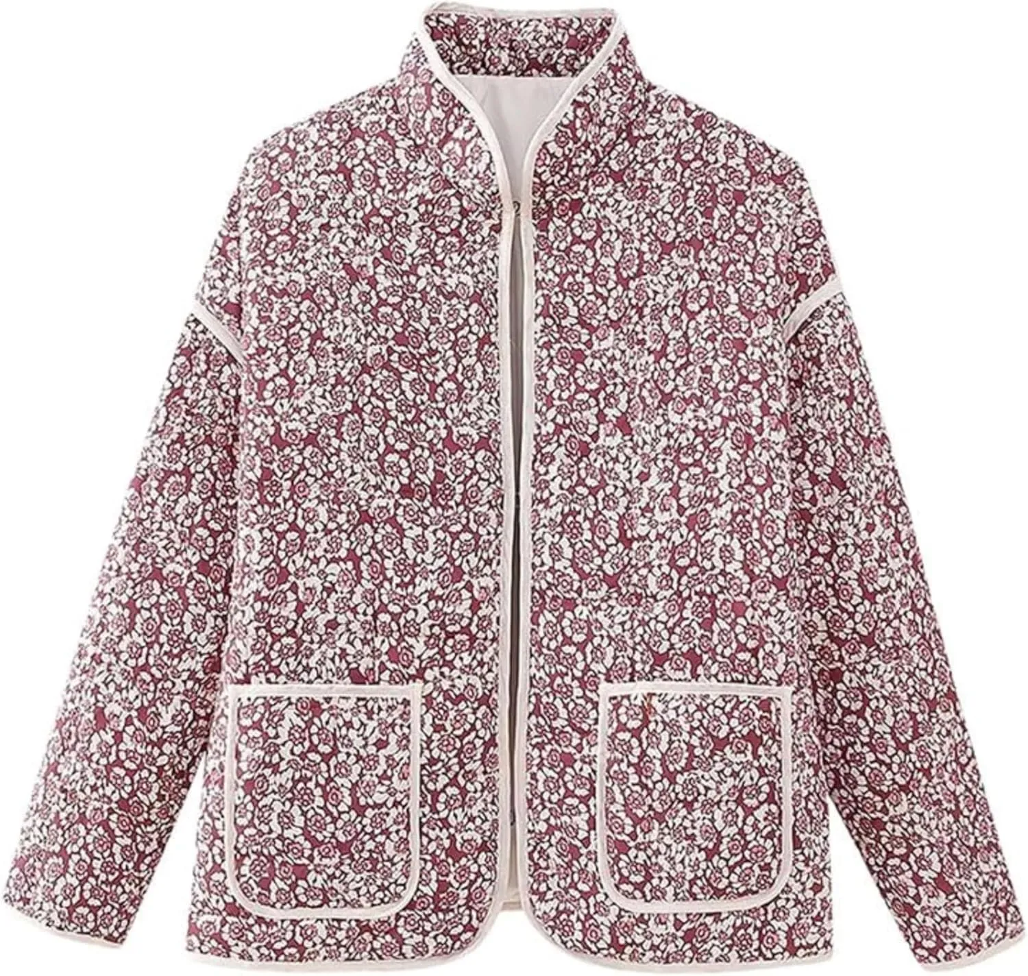 Women's Floral Quilted Jackets Cropped Reversible Open Front Lightweight Short Padded Puffer Coat
