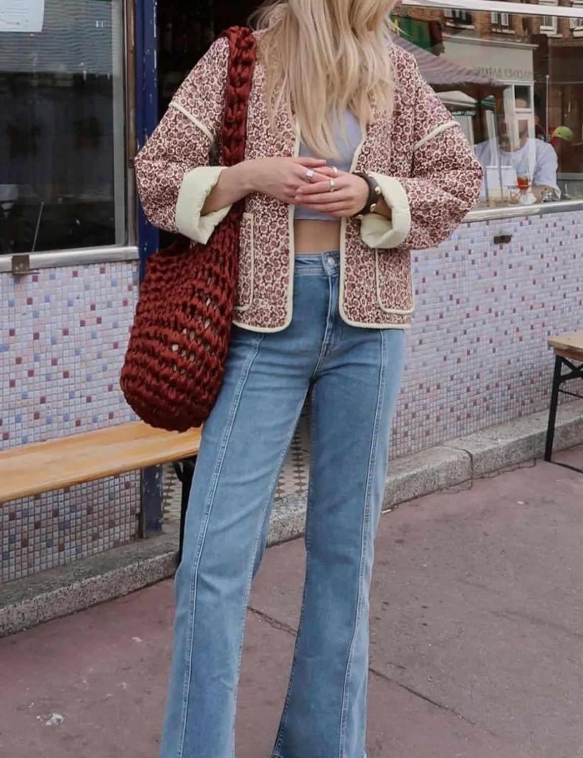 Women's Floral Quilted Jackets Cropped Reversible Open Front Lightweight Short Padded Puffer Coat